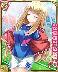  arm_up blonde_hair blue_shirt breasts character_name chloe_lemaire closed_eyes clothes_pull day female girlfriend_(kari) jacket jacket_pull long_hair official_art open_clothes open_jacket outdoors pulling_own_clothes qp:flapper red_jacket shirt shorts smile soccer soccer_field soccer_uniform solo_focus sportswear track_jacket white_shorts 