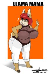  2019 anthro ass better_version_at_source big_breasts big_butt black_lipstick bottomwear breasts brown_clothing brown_eyes brown_shirt brown_topwear camelid clothing denim denim_bottomwear denim_clothing ear_piercing female fur hair hand_on_hip hi_res hooves jeans lipstick llama llama_mama_(thehoneybutter) makeup mammal open_mouth pants piercing red_hair shirt short_sleeves solo tan_body tan_fur thehoneybutter thick_thighs topwear white_bottomwear white_clothing white_pants wide_hips 