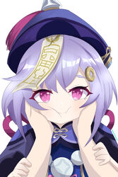  1other absurdres artist_name bead_necklace beads blue_headwear cheek_squash closed_mouth english_commentary female genshin_impact hair_ornament hands_on_another&#039;s_arms hands_on_another&#039;s_cheeks hands_on_another&#039;s_face hat highres jewelry jiangshi light_purple_hair looking_at_viewer necklace ofuda out_of_frame pink_eyes pink_ribbon pixiv_username pov pov_hands qingdai_guanmao qiqi_(genshin_impact) ribbon short_hair simple_background solo_focus squishing stukov upper_body white_background 