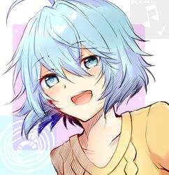  bad_id bad_pixiv_id blue_eyes blue_hair blush brown_sweater commentary female light_blue_hair looking_at_viewer open_mouth ribbed_sweater short_hair smile solo spoilers sweater symbol-only_commentary upper_body vivy vivy:_fluorite_eye&#039;s_song yume_oji_san 