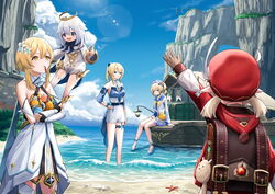  5girls ahoge arm_guards arm_up backpack bag bag_charm barbara_(genshin_impact) barbara_(summertime_sparkle)_(genshin_impact) beach black_scarf blonde_hair blue_eyes blue_sky boat bow brown_gloves cabbie_hat carrying charm_(object) cloud cloudy_sky coat commentary_request crab crab_claw day detached_sleeves dodoco_(genshin_impact) dress drill_hair ebiri_fy floating from_behind genshin_impact gloves hair_between_eyes hair_ribbon hairbow halo hat hat_feather hat_ornament highres hood hooded_coat horizon jean_(genshin_impact) jean_(sea_breeze_dandelion)_(genshin_impact) klee_(genshin_impact) light_brown_hair long_hair looking_at_another looking_up low_twintails lumine_(genshin_impact) mechanical_halo multiple_girls ocean official_alternate_costume outdoors paimon_(genshin_impact) pocket pointy_ears ponytail randoseru red_coat red_headwear ribbon romper sandals scarf short_hair short_hair_with_long_locks sidelocks sitting sky starfish sunlight thighhighs twin_drills twintails vision_(genshin_impact) wading watercraft waverider_(genshin_impact) waving white_dress white_legwear white_romper white_scarf yellow_eyes zettai_ryouiki 