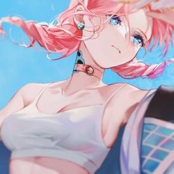  arknights bare_shoulders blue_background blue_eyes blue_poison_(arknights) blue_poison_(shoal_beat)_(arknights) breasts camisole choker cleavage crop_top earrings female jewelry long_hair medium_breasts midriff official_alternate_costume pink_choker pink_hair simple_background solo spaghetti_strap sports_bra upper_body white_sports_bra zhishihua 