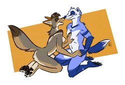  anthro badger breasts canid canine canis claws coyote digital_media_(artwork) duo featureless_breasts feet female fur hair male mammal medium_breasts mustelid musteline nicnak044 paws pose sahara_(nicnak044) simple_background smile whiskers 