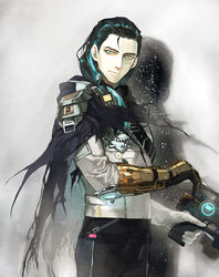  1boy black_hair blue_eyes blue_hair cape commentary_request cowboy_shot fate/grand_order fate_(series) gauntlets gradient_hair gun highres long_hair male_focus misamisa21 multicolored_hair nikola_tesla_(fate) nikola_tesla_(planet_rock)_(fate) photoshop_(medium) science_fiction solo torn_cape torn_clothes weapon 