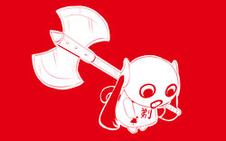  apple_dot_com_(vocaloid) axe battle_axe blood blood_on_clothes bowing commentary doushite-chan female highres holding holding_axe holding_weapon long_hair monochrome official_art pinocchio-p red_background red_theme solo tail twintails very_long_hair vocaloid weapon 