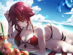  alternate_costume artist_name bare_shoulders beach beach_towel bikini black_nails blue_sky blurry blurry_foreground blush breasts cleavage cloud collarbone commentary_request cross day depth_of_field diffraction_spikes eyelashes female fingernails fishnets flower genshin_impact glint hair_over_one_eye halterneck hand_up head_tilt hibiscus highres horizon kokollet large_breasts looking_at_viewer lying multicolored_hair nail_polish navel o-ring o-ring_bikini o-ring_top ocean on_side one_eye_covered orange_flower outdoors parted_lips purple_eyes purple_hair red_bikini red_hair rosaria_(genshin_impact) short_hair short_hair_with_long_locks sidelocks sky solo stomach streaked_hair swimsuit thigh_strap thighs towel twitter_username water water_drop 