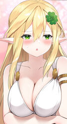  armlet arms_under_breasts blonde_hair blush breasts cleavage clover clover_hair_ornament commentary_request dress elf female four-leaf_clover green_eyes hair_between_eyes hair_ornament highres large_breasts li_zhiheng long_hair lu_xiaoyu my_harem_grew_so_large_i_was_forced_to_ascend open_mouth pale_skin pointy_ears sweatdrop white_dress 