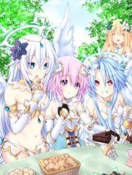  4girls angel angel_wings armor bare_shoulders bikini_armor black_heart_(neptunia) blonde_hair blue_eyes blue_hair breastplate breasts cake chocolate_cake cleavage clenched_hand clenched_teeth closed_eyes collared_dress commentary_request cookie detached_collar dress eating elbow_gloves feathered_wings fingerless_gloves flower food four_goddesses_online:_cyber_dimension_neptune gloves green_dress hair_between_eyes hair_flower hair_ornament halo holding holding_plate joney leaf long_hair medium_breasts multiple_girls navel neptune_(neptunia) neptune_(series) plate power_symbol power_symbol-shaped_pupils purple_eyes purple_hair red_eyes short_hair sitting small_breasts strapless strapless_dress symbol-shaped_pupils table teeth v-shaped_eyebrows vert_(neptunia) white_hair white_heart_(neptunia) wings 