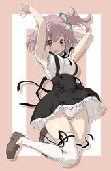  armpits arms_up assault_lily black_ribbon black_skirt breasts brown_eyes brown_footwear commentary_request female frilled_panties frilled_skirt frills full_body high-waist_skirt highres hitotsuyanagi_riri jewelry large_breasts leg_ribbon loafers looking_at_viewer neck_ribbon one_side_up panties pink_hair ribbon ring shirt shoes side_ponytail skindentation skirt sleeveless sleeveless_shirt solo suspender_skirt suspenders thigh_ribbon thighhighs underwear white_panties white_shirt white_thighhighs you2 