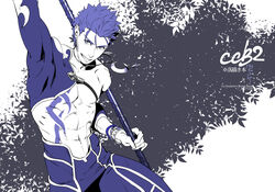  1boy abs arm_up blue_theme bracelet crescent crescent_necklace cu_chulainn_(fate) cu_chulainn_(fate/stay_night) cu_chulainn_(second_ascension)_(fate) detached_sleeves earrings fate/grand_order fate_(series) gae_bolg_(fate) grin holding holding_weapon jawaco jewelry leaf looking_at_viewer male_focus muscular muscular_male navel necklace official_alternate_costume polearm short_hair skin_tight smile solo spear strap topless_male weapon 