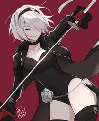  2b_(nier:automata) black_hairband black_jacket black_leotard boots bow bowtie breasts chains choker cleavage commentary cosplay cropped_jacket dinikee dutch_angle female flower gloves green_eyes grey_flower grey_hoodie grey_rose hair_over_one_eye hairband highres hood hoodie jacket katana leotard medium_hair nier:automata nier_(series) no_blindfold persona persona_5 persona_5_the_royal red_bow red_bowtie red_gloves rose signature solo sword thigh_boots thighs weapon yoshizawa_kasumi yoshizawa_kasumi_(cosplay) 