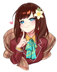  absurdres bad_id bad_twitter_id blazer blood blood_splatter blush bow bowtie brown_hair brown_jacket collared_shirt commentary english_commentary female flower hair_flower hair_ornament hana_macchia hana_macchia_(1st_costume) heart highres jacket looking_at_viewer nia_(nia4294) nijisanji nijisanji_id pointing pointing_at_self scarf shirt simple_background smile smug solo tongue tongue_out upper_body virtual_youtuber white_background white_shirt yellow_background 