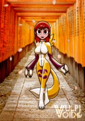  absurd_res aged_up bandai_namco clothing digimon digimon_(species) hair hi_res human latex mammal photo_shoot red_hair renamon rika_nonaka rosvo shrine suit temple unmasked vulpivoid 