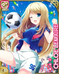  3girls arms_up ball blonde_hair blue_eyes blue_shirt breasts character_name chloe_lemaire clenched_hands day girlfriend_(kari) knee_up long_hair multiple_girls navel official_art one_eye_closed open_mouth outdoors playing_sports qp:flapper shirt short_sleeves shorts smile soccer soccer_ball soccer_uniform solo_focus sportswear white_shorts wind wind_lift 