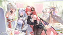  5girls armpits azur_lane bare_shoulders breasts cleavage closed_mouth commentary_request copyright_name detached_sleeves felix_schultz_(azur_lane) flandre_(azur_lane) gloves hair_between_eyes hair_brush hanging_breasts high_heels highleg highleg_leotard highres hindenburg_(azur_lane) horns kearsarge_(azur_lane) keto_cactus korean_commentary large_breasts leotard lipstick long_hair makeup medium_breasts mixed-language_commentary multiple_girls nontraditional_miko official_art one_eye_closed open_mouth pantyhose purple_eyes purple_hair red_hair shimanto_(azur_lane) showgirl_skirt sidelocks sitting small_breasts standing white_hair white_leotard wings 