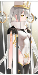  armor azure_(my_harem_grew_so_large_i_was_forced_to_ascend) black_legwear breasts bridal_legwear capelet covered_navel cross female fine_fabric_emphasis from_side gloves hat high_collar highleg highleg_leotard highres impossible_clothes impossible_leotard leotard li_zhiheng medium_breasts mitre my_harem_grew_so_large_i_was_forced_to_ascend night shoulder_armor sparkle sword twintails weapon white_hair white_leotard yellow_eyes 