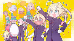  2boys 6+girls :d :o absurdres armband aura_bella_fiora blonde_hair blue_eyes blue_hair bob_cut brown_hair cheering cheerleader closed_eyes commentary_request crossdressing crossover dark_skin darkness_(konosuba) drum end_card gakuran gloves green_eyes hair_over_one_eye hand_on_own_hip headband heart heterochromia highres instrument isekai_quartet juuami kono_subarashii_sekai_ni_shukufuku_wo! long_hair long_sleeves mare_bello_fiore multiple_boys multiple_girls open_mouth ouendan overlord_(maruyama) pink_eyes pink_hair pleated_skirt pom_pom_(cheerleading) ponytail ram_(re:zero) re:zero_kara_hajimeru_isekai_seikatsu rem_(re:zero) saliva satou_kazuma school_uniform short_hair skirt sleeveless smile tanya_degurechaff v-shaped_eyebrows viktoriya_ivanovna_serebryakov white_gloves youjo_senki 