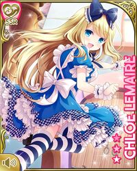  alice_(alice_in_wonderland) alice_(alice_in_wonderland)_(cosplay) alice_in_wonderland apron arm_up blonde_hair blue_dress blue_eyes bow character_name chloe_lemaire cosplay door dress female from_behind girlfriend_(kari) hairbow long_hair looking_back official_art open_mouth pointing qp:flapper ribbon running smile solo striped_clothes striped_thighhighs thighhighs white_apron wrist_cuffs 