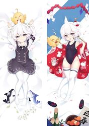  ahoge azur_lane bed black_bow black_bowtie black_dress black_eyes black_one-piece_swimsuit bow bowtie closed_eyes dakimakura_(medium) dress female flip-flops flower from_above full_body hair_flower hair_ornament holding holding_brush japanese_clothes kimono long_sleeves looking_at_viewer lying manjuu_(azur_lane) moeanime multiple_views no_shoes on_back one-piece_swimsuit open_mouth pinafore_dress red_kimono sandals shirt short_hair sleeveless sleeveless_dress swimsuit thighhighs u-110_(a_cute_sharky_reverie)_(azur_lane) u-110_(azur_lane) u-110_(kleiner_hai)_(azur_lane) white_flower white_hair white_shirt white_thighhighs 