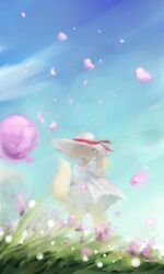  3:5 anthro blue_sky bow_ribbon canid canine clothing cloud day dress female field flower fur grass hat hazuki_mikami_(hasukii) headgear headwear hi_res key_rooki looking_back mammal painterly petals plant raised_tail rear_view sky solo tail tan_body tan_fur tan_tail white_clothing white_dress white_hat white_headwear wind yellow_eyes 