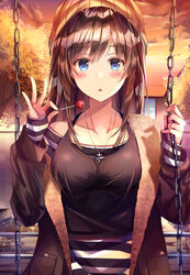  bare_shoulders beanie black_camisole black_jacket blue_eyes blush brown_hair brown_hat building camisole camisole_over_clothes candy chain-link_fence chains collarbone dress female fence food hair_between_eyes hands_up hat highres holding holding_candy holding_food holding_lollipop jacket lollipop long_hair long_sleeves looking_at_viewer md5_mismatch off-shoulder_dress off_shoulder open_clothes open_jacket original outdoors parted_lips sitting sleeves_past_wrists solo striped_clothes striped_dress sunset tsukasa_tsubasa 