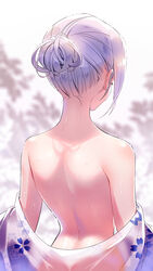  back back_focus bare_shoulders blurry blurry_background clothes_down copyright_request facing_away female floral_print from_behind hair_bun highres japanese_clothes kimono li_zhiheng median_furrow nape off_shoulder outdoors print_kimono purple_hair short_hair single_hair_bun solo upper_body wet 