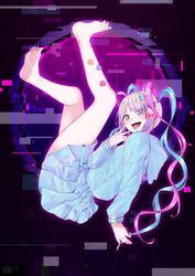  barefoot blue_bow blue_eyes blue_hair blue_serafuku bow chouzetsusaikawa_tenshi-chan drill_hair drugs feet female floating full_body glitch hairbow happy heart highres holographic_clothing legs_up looking_at_viewer lsd marijuana multicolored_eyes multicolored_hair needy_girl_overdose open_mouth pink_bow pink_eyes pink_hair purple_bow quad_tails school_uniform serafuku skirt smile solo sticker teeth thighs toes tongue tongue_out upper_teeth_only v white_hair zephda 