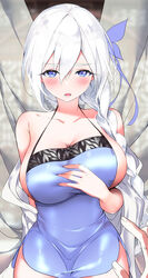  blush braid breasts chinese_clothes dudou female fine_fabric_emphasis hair_between_eyes hair_ornament hand_on_own_chest highres lace_trim large_breasts li_zhiheng long_hair looking_at_viewer mu_bai_(my_harem_grew_so_large_i_was_forced_to_ascend) my_harem_grew_so_large_i_was_forced_to_ascend open_mouth side_slit sideboob white_hair 