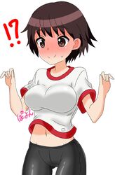  !? alternate_breast_size bad_id bad_twitter_id bike_shorts black_shorts blush bouncing_breasts breasts brown_eyes brown_hair closed_mouth commentary cowboy_shot female girls_und_panzer groin gym_shirt gym_uniform highres isobe_noriko looking_at_viewer medium_breasts midriff_peek motion_lines navel shirt short_hair short_sleeves shorts simple_background smile solo standing sweatdrop t-shirt tanutika translated w_arms white_background white_shirt 