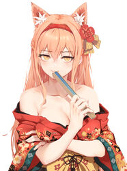  animal_ear_fluff animal_ears bad_id bad_pixiv_id bare_shoulders blush bow breasts brown_bow brown_eyes brown_hair cleavage closed_mouth collarbone female floral_print flower folded_fan folding_fan greentree hair_between_eyes hair_flower hair_ornament hairband hairbow hand_fan hand_up highres holding holding_fan illusion_connect japanese_clothes kimono long_hair medium_breasts miyuki_(illusion_connect) off_shoulder print_kimono red_flower red_hairband red_kimono short_sleeves simple_background smile solo striped striped_bow upper_body white_background wide_sleeves yellow_bow 