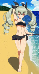  absurdres ada_badguy anchovy_(girls_und_panzer) arm_behind_head armpits beach bikini bikini_skirt black_bikini blush breasts cleavage collarbone day drill_hair female girls_und_panzer hair_ornament hair_ribbon highres long_hair looking_at_viewer navel ocean outdoors red_eyes ribbon riding_crop shiny_skin small_breasts smile solo swimsuit twin_drills twintails 