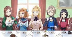  5girls :d alcohol ange_(princess_principal) beatrice_(princess_principal) black_bow black_choker black_hair blonde_hair blue_dress blue_eyes blurry blurry_background bow braid breasts brown_eyes bun_cover choker cleavage commentary_request cup dddomatesu dessert dorothy_(princess_principal) double_bun dress food gloves hair_bun highres indoors long_hair long_sleeves macaron medium_breasts multiple_girls one_eye_closed plate princess_(princess_principal) princess_principal red_dress short_hair sitting small_breasts smile tea_party teacup teapot tiered_tray toudou_chise white_gloves window 