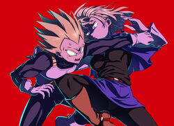  1boy android_18 anger_vein battle belt blonde_hair blue_eyes blue_skirt boots commentary dragon_ball dragon_ball_z female gloves highres jacket long_sleeves open_mouth pain pantyhose red_background reverse_ryona saiyan_armor shumai_(sm318) simple_background skirt spiked_hair super_saiyan super_saiyan_1 symbol-only_commentary vegeta 