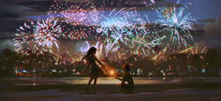  1boy alzi_xiaomi barefoot blurry blurry_background bokeh brown_hair building chinese_commentary city_lights cityscape closed_mouth cloud cloudy_sky contrapposto depth_of_field dress female fireworks full_moon highres holding holding_sparkler lake long_hair looking_at_another moon night open_mouth original outdoors outstretched_arm palm_tree reflection reflective_water scenery short_hair short_sleeves shorts sky sleeveless sleeveless_dress smile sparkler squatting standing tree wide_shot 