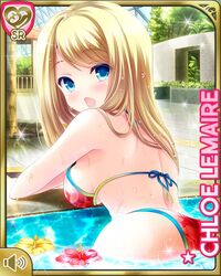  ass bikini blonde_hair blue_eyes breast_rest breasts character_name chloe_lemaire female from_behind girlfriend_(kari) long_hair looking_back official_art open_mouth partially_submerged pool poolside qp:flapper red_bikini sideboob solo swimsuit tree water wet 