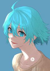  ahoge android beige_sweater blue_background blue_eyes blue_hair collarbone earrings female floating_hair hair_between_eyes iro_marimo jewelry looking_at_viewer open_mouth short_hair smile solo upper_body vivy vivy:_fluorite_eye&#039;s_song 