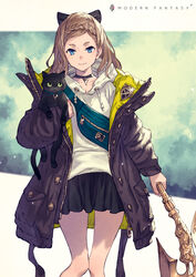  animal animal_ears axe bag black_cat black_choker black_coat black_skirt blonde_hair blue_eyes braid braided_bangs brown_hair cat_ears choker closed_mouth coat commentary_request crown_braid drawstring feet_out_of_frame feline female highres holding holding_animal holding_axe holding_cat holding_weapon hood hood_down hoodie jacket kusano_shinta long_hair long_sleeves looking_at_viewer miniskirt open_clothes open_coat original pleated_skirt pouch skirt smile solo staff thighs unbuttoned weapon white_hoodie 