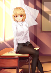  antenna_hair arcueid_brunestud black_pantyhose black_skirt blonde_hair breasts classroom closed_mouth commentary_request cqqz0707 curtains desk female fingernails hair_between_eyes highres indoors jewelry long_sleeves looking_at_viewer medium_breasts miniskirt necklace on_desk pantyhose pleated_skirt red_eyes school_desk short_hair single_hair_intake sitting skirt smile solo sunlight sweater tsukihime tsukihime_(remake) turtleneck turtleneck_sweater white_sweater window 