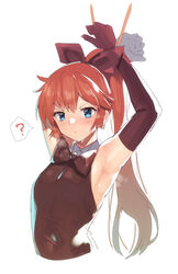  ? armpits arms_up black_bow black_bowtie black_gloves blue_eyes bow bowtie commentary cropped_torso elbow_gloves female flat_chest gloves hairbow haneoka_meimi kaitou_saint_tail long_hair nagase_haruhito orange_hair ponytail saint_tail sleeveless solo spoken_question_mark upper_body white_background 