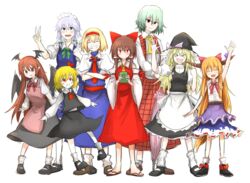  &gt;_&lt; 6+girls alice_margatroid apron ascot black_footwear black_headwear black_skirt black_vest blonde_hair blouse blue_skirt blush bow bowtie braid brown_hair closed_eyes closed_mouth collared_shirt colored_skin commentary_request cookie_(touhou) cup demon_wings dress footwear_bow frilled_hair_tubes frilled_skirt frills full_body green_bow green_hair green_neckwear green_ribbons grey_hair grin hair_between_eyes hair_tubes hairband hairbow hakurei_reimu hat hat_bow head_wings highres hinase_(cookie) holding holding_cup horn_ornament horn_ribbon horns ibuki_suika izayoi_sakuya kazami_yuuka kirisame_marisa koakuma long_hair long_skirt long_sleeves looking_at_viewer loose_socks macota_(cookie) multiple_girls nadeko_(cookie) neck_ribbon necktie oerba_yun_fang open_mouth orange_hair parasol pink_apron plaid plaid_skirt plaid_vest puffy_short_sleeves puffy_sleeves purple_bow purple_ribbon red_ascot red_bow red_bowtie red_dress red_eyes red_hairband red_necktie red_ribbon red_sash red_skirt red_vest reu_(cookie) ribbon rumia sash shirt shitteru? shoes short_hair short_sleeves sidelocks simple_background skirt skirt_set sleeveless sleeveless_shirt smile socks standing taisa_(cookie) touhou tsurikichi_obasan twin_braids umbrella uzuki_(cookie) very_long_hair vest waist_apron white_apron white_background white_legwear white_shirt white_skin wings witch_hat yamin_(cookie) yellow_ascot yunomi yuzuyu_(cookie) 