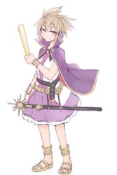  anklet belt bracelet cape closed_mouth earmuffs female full_body gold_trim hair_between_eyes holding holding_stick jewelry kuroba_rapid light_brown_hair looking_at_viewer petticoat pointy_hair purple_cape ritual_baton sandals sheath sheathed shirt short_hair simple_background smile solo standing stick sword toes touhou toyosatomimi_no_miko weapon white_background white_shirt yellow_eyes 