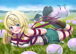  absurdres aizawa_azusa blonde_hair blue_eyes blue_sky bondage bondage bondage boots bound brown_footwear cailin020 cross-laced_footwear day female field frilled_skirt frills gag grass green_skirt hair_between_eyes highres hogtie knee_boots lace-up_boots landscape long_hair outdoors red_rope restrained rope shibari_over_clothes shirt shoe_soles skirt sky sleeveless slime_(creature) slime_taoshite_300_nen_shiranai_uchi_ni_level_max_ni_nattemashita sweatdrop white_shirt 