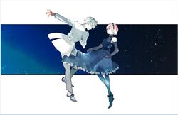  1boy black_dress black_footwear bowing creator_connection dress elbow_gloves female formal gloves ishida_sui jack_jeanne official_art sasaki_haise suit tachibana_kisa tokyo_ghoul white_footwear white_hair white_suit 