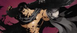  1boy abs absurdres bara bare_pectorals berserk black_hair cloak commentary dizdoodz english_commentary foreshortening gauntlets guts_(berserk) highres holding holding_sword holding_weapon large_pectorals looking_at_viewer male_focus muscular muscular_male naked_cloak nipples over_shoulder pectorals short_hair sideburns solo spirit stomach sword sword_over_shoulder upper_body veins weapon weapon_over_shoulder 