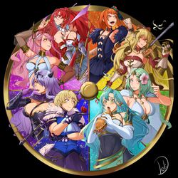  6+girls absurdres ahoge aqua_hair armlet armor ascot bandaged_arm bandaged_hand bandages bare_shoulders belt bikini black_armor black_choker black_dress black_gloves black_horns blonde_hair blue_eyes blue_shirt blush bow braid breasts bridal_gauntlets camilla_(fire_emblem) chloe_(fire_emblem) choker cleavage color_coordination color_wheel color_wheel_challenge covered_navel crossover dancer deliciousbrain detached_collar dress elbow_gloves facial_mark facial_tattoo finger_heart fire_emblem fire_emblem:_three_houses fire_emblem_awakening fire_emblem_engage fire_emblem_fates fire_emblem_heroes flower food fur_sleeves fur_trim gauntlets gloves godsworn_alexiel granblue_fantasy green_eyes green_hair grey_gloves hair_between_eyes hair_flower hair_ornament hair_over_one_eye hairbow heart hibiscus highres holding holding_flower holding_food holding_polearm holding_weapon horns large_breasts long_hair looking_at_another looking_at_viewer looking_to_the_side merrin_(fire_emblem) multiple_crossover multiple_drawing_challenge multiple_girls official_alternate_costume olivia_(fire_emblem) open_mouth orange_eyes orange_hair panette_(fire_emblem) pink_flower pink_hair polearm ponytail purple_eyes purple_hair purple_skirt red_bow red_eyes red_flower red_hair red_rose rhea_(fire_emblem) rose sandwich serious shirt short_bangs short_hair shoulder_armor side_braid sideboob simple_background single_braid skirt smile stitched_mouth stitches swimsuit tattoo tiara twin_braids two-tone_bow upper_body very_long_hair vira_(granblue_fantasy) wavy_hair weapon white_background white_bikini white_dress white_gloves yandere yellow_eyes 