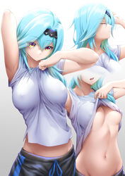  :/ absurdres alternate_costume aqua_hair areola_slip arm_up armpits arms_up bare_arms between_breasts black_hairband breasts breasts_apart casual closed_eyes closed_mouth clothes_between_breasts clothes_lift collarbone covered_nipples cowboy_shot crossed_bangs dated drawstring eula_(genshin_impact) female genshin_impact gradient_background gradient_eyes grey_background groin hair_between_eyes hair_intakes hairband highres large_breasts lifting_own_clothes long_hair looking_at_viewer lowleg lowleg_pants medium_hair midriff midriff_peek multicolored_eyes multiple_views navel no_bra open_mouth pants profile projected_inset revision royboy shirt shirt_lift short_sleeves sidelocks stomach striped sweatpants t-shirt tsurime underboob vertical_stripes white_background white_shirt yellow_eyes 