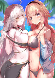  2girls ahoge ass bikini bikini_tug black_bikini black_hairband blonde_hair blue_eyes blush braid breast_press breasts cleavage collarbone embarrassed fate/grand_order fate_(series) hairband jeanne_d&#039;arc_(fate) jeanne_d&#039;arc_(swimsuit_archer)_(fate) jeanne_d&#039;arc_(swimsuit_archer)_(first_ascension)_(fate) jeanne_d&#039;arc_alter_(fate) jeanne_d&#039;arc_alter_(festival_outfit)_(fate) large_breasts long_braid long_hair looking_at_viewer multiple_girls nigouu official_alternate_costume outdoors palm_tree single_braid swimsuit symmetrical_docking tree white_hair yellow_eyes 