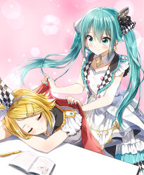  2girls absurdres bare_arms blonde_hair blue_eyes blue_hair blue_nails blush checkered_ribbon closed_mouth commentary covering_with_blanket dress hair_between_eyes hair_ornament hair_ribbon hairclip hatsune_miku highres kagamine_rin long_hair mechanical_pencil more_more_jump!_(project_sekai) more_more_jump!_miku more_more_jump!_rin multiple_girls nail_polish open_clothes open_vest pencil pentagon_(railgun_ky1206) project_sekai ribbon sleeveless sleeveless_dress smile twintails very_long_hair vest vocaloid white_dress white_vest 