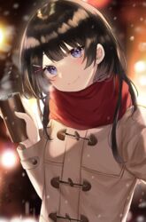  black_hair blue_eyes blurry blurry_background blush brown_jacket can closed_mouth coat commentary depth_of_field duffel_coat enpera female hair_ornament hairclip hand_up head_tilt highres holding holding_can jacket kanniiepan long_hair long_sleeves looking_at_viewer nijisanji red_scarf scarf smile solo tsukino_mito tsukino_mito_(6th_costume) upper_body virtual_youtuber 