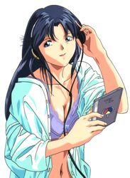  1990s_(style) adjusting_headphones blue_eyes blue_hair bra breasts cd_case cleavage female fujiwara_aya headphones holding long_hair navel non-web_source official_art open_clothes open_mouth open_shirt purple_bra retro_artstyle simple_background solo super_real_mahjong unbuttoned unbuttoned_shirt underwear white_background 